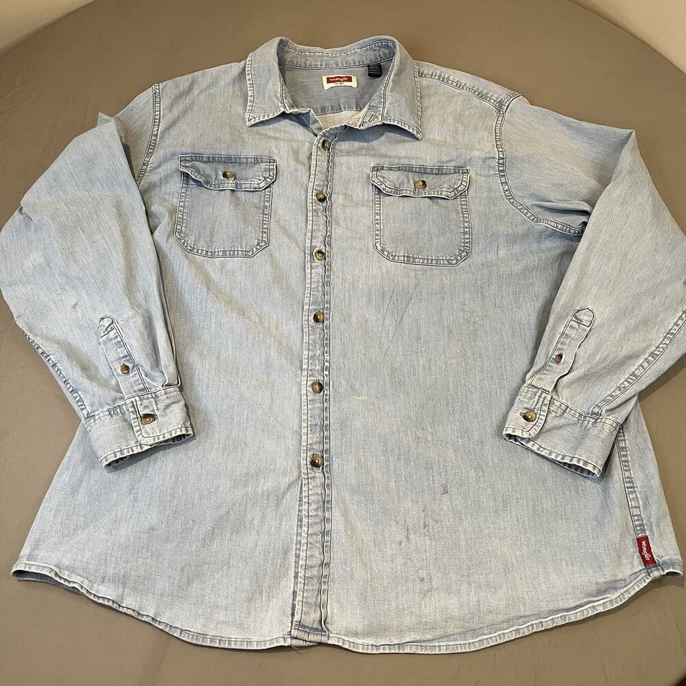 Wrangler Mens XXL (2XL) Blue Denim Button Western Cowboy Rodeo Shirt FLAWED